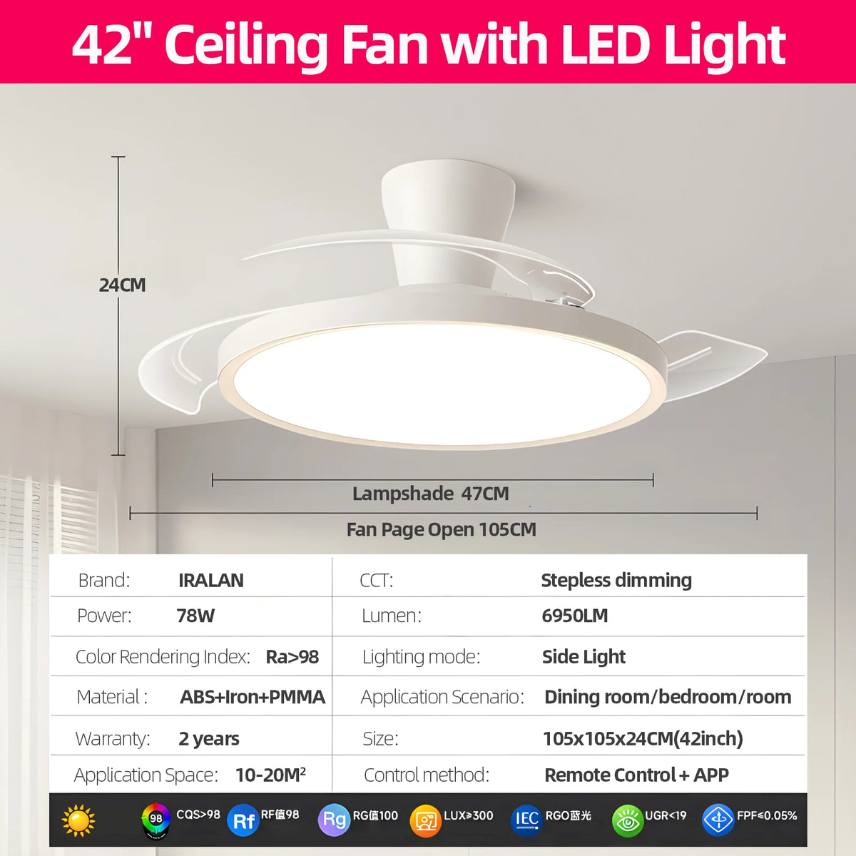 IRALAN Modern Invisible Ceiling Fan with LED Light DC motor Large Air Volume Remote Control for Bedroom Dining room