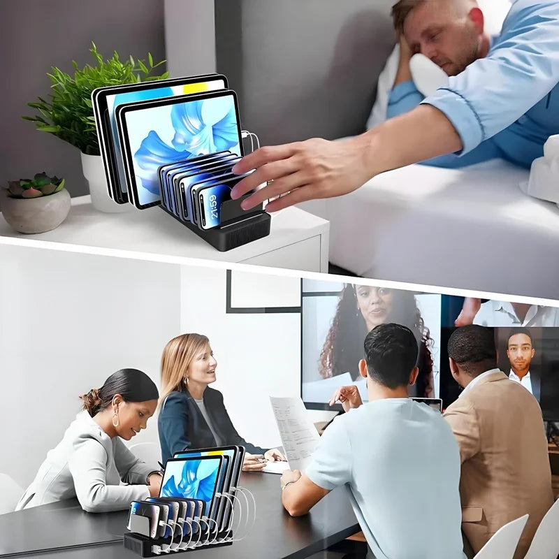 100W Multi-Functional Charger with 5 USB and 5 Type-C Ports Built-in Stand Compatible with Phone Tablet for Home Office Travel
