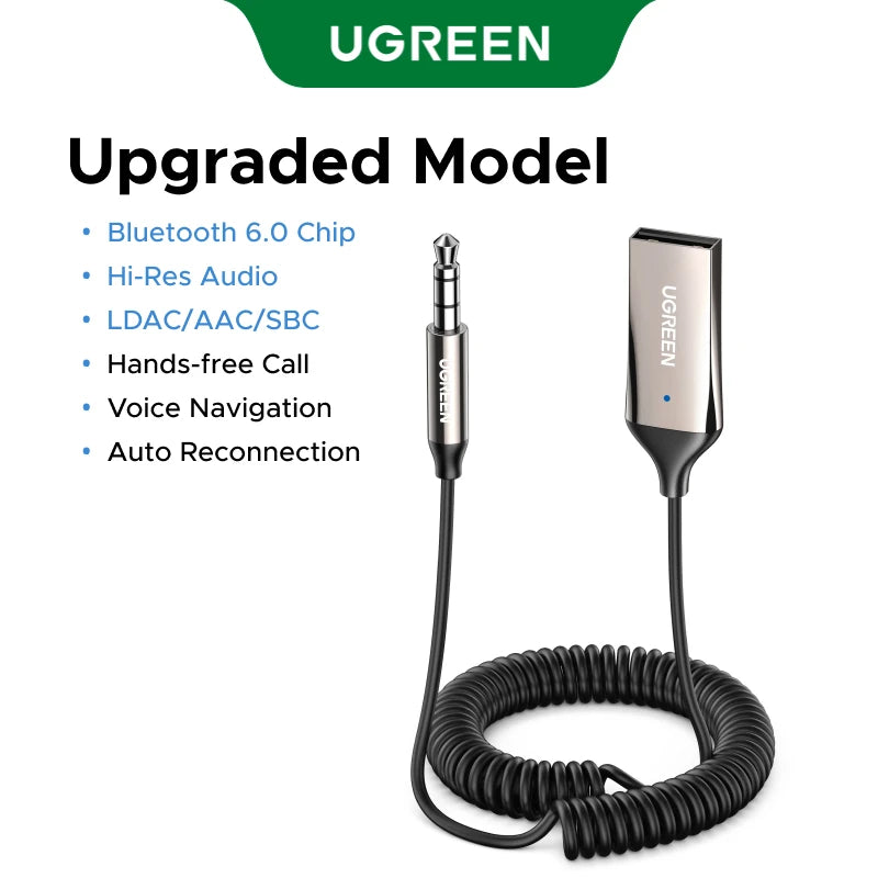 UGREEN Bluetooth 6.0 5.4 Handsfree Adapter Bluetooth 3.5mm AUX Music Navigation Streaming Microphone for Calls Car