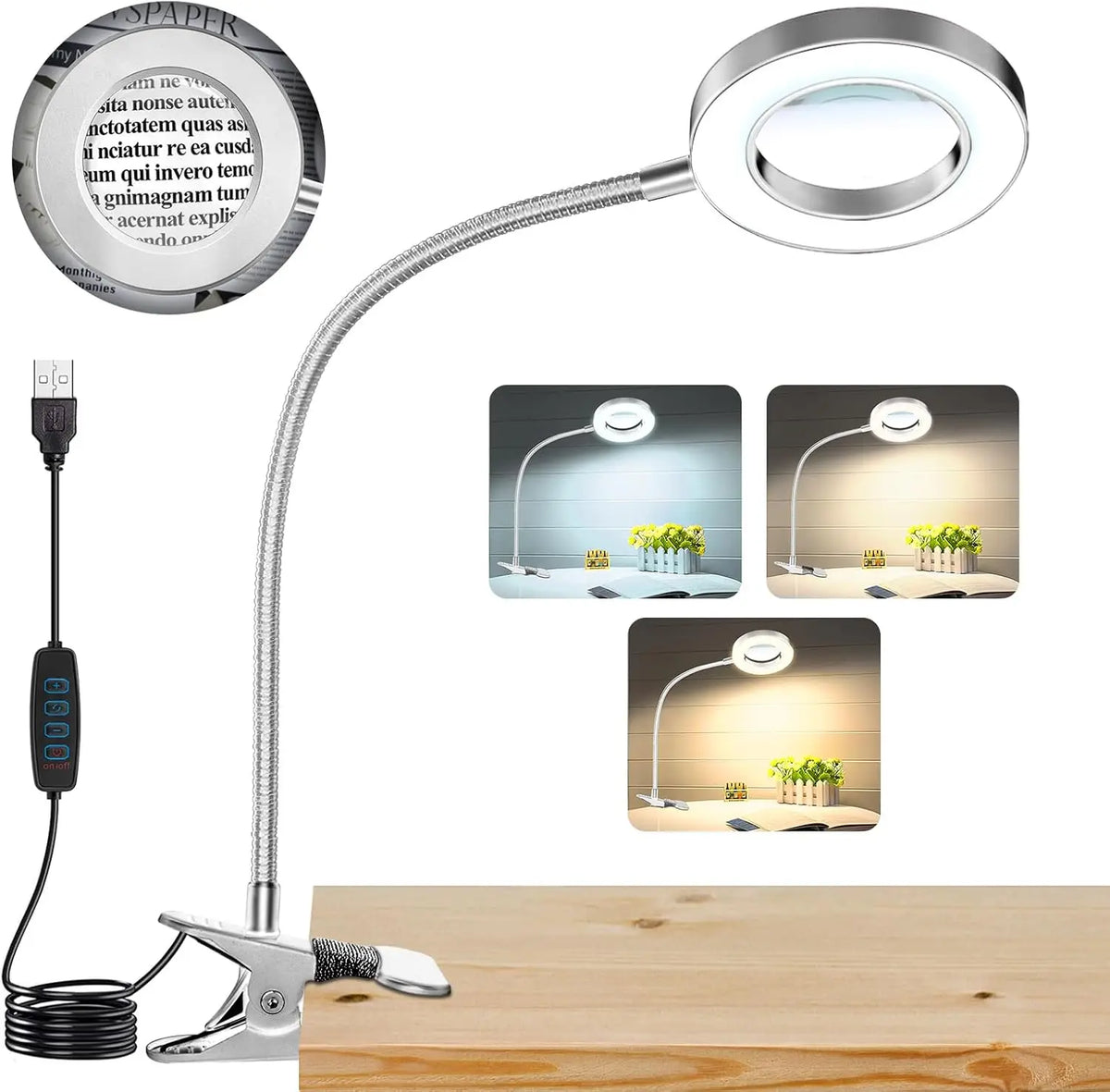 LED Clip-On Magnifying Desk Lamp 5X Magnifier USB Powered 3 Colors 10 Levels Dimmable Adjustable Flexible Gooseneck Sturdy Metal Clamp Base Makeup Reading Craft Repair Sewing Hobby Light for Office Study Bedroom Living Room W