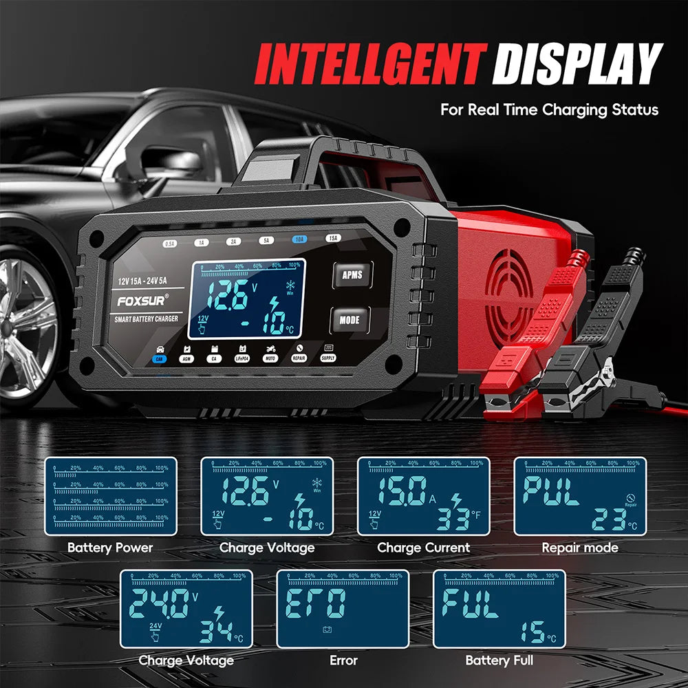 12V 24V Car Battery Charger 12V/15A 24V/5A Truck Motorcycle Smart Pulse Repair For AGM GEL Lead-Acid LiFePO4 Battery Charging