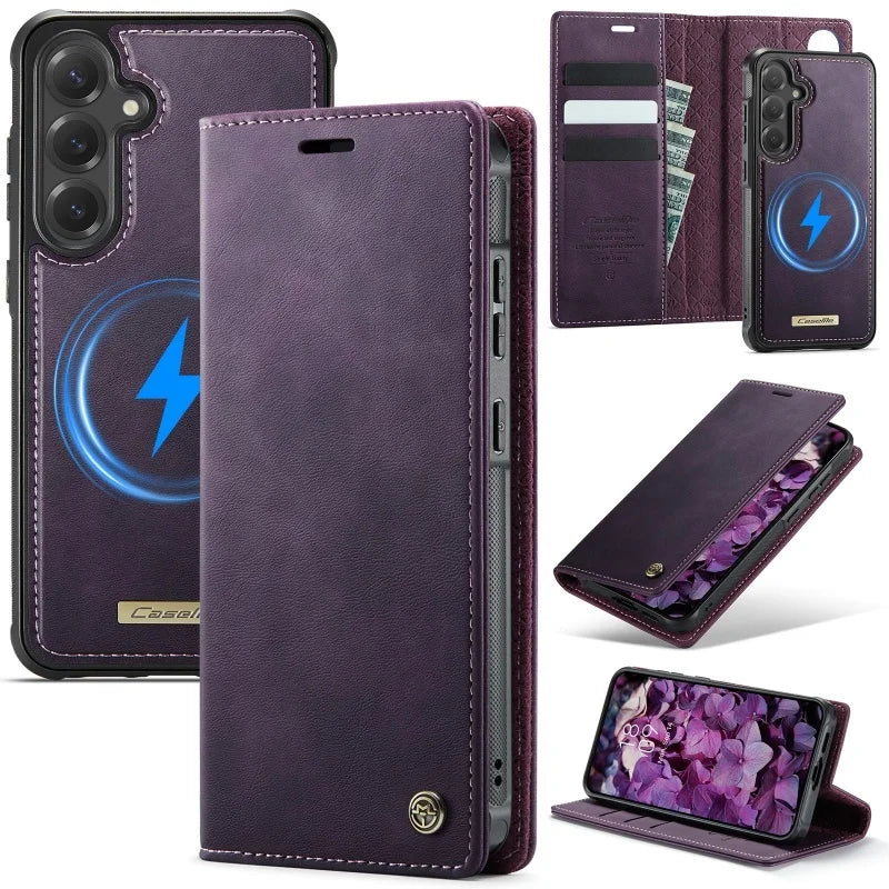 Magnetic Wireless Charging Leather Wallet Phone Case for Samsung Galaxy S26 Plus S25 FE S24 Ultra S23 S22 S21 A57 A17 Flip Cover
