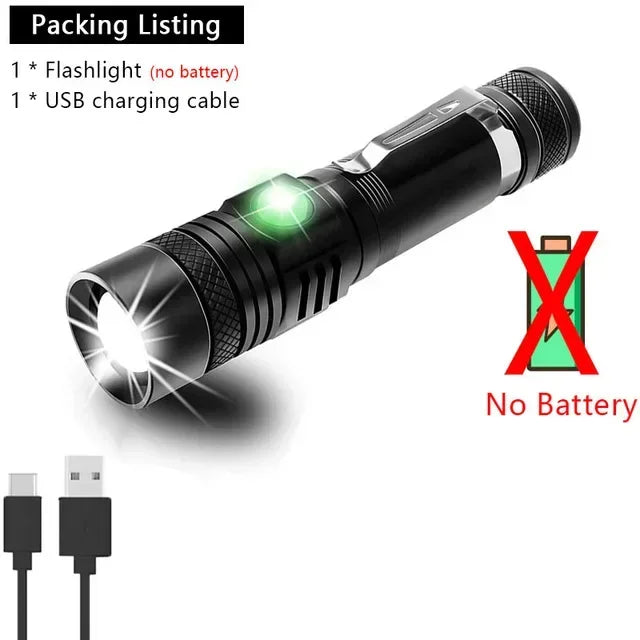 High Power T6 Led Flashlights Zoomable Camping Torch With Pen Clip Waterproof 4 Lighting Modes Multi Function USB Charger