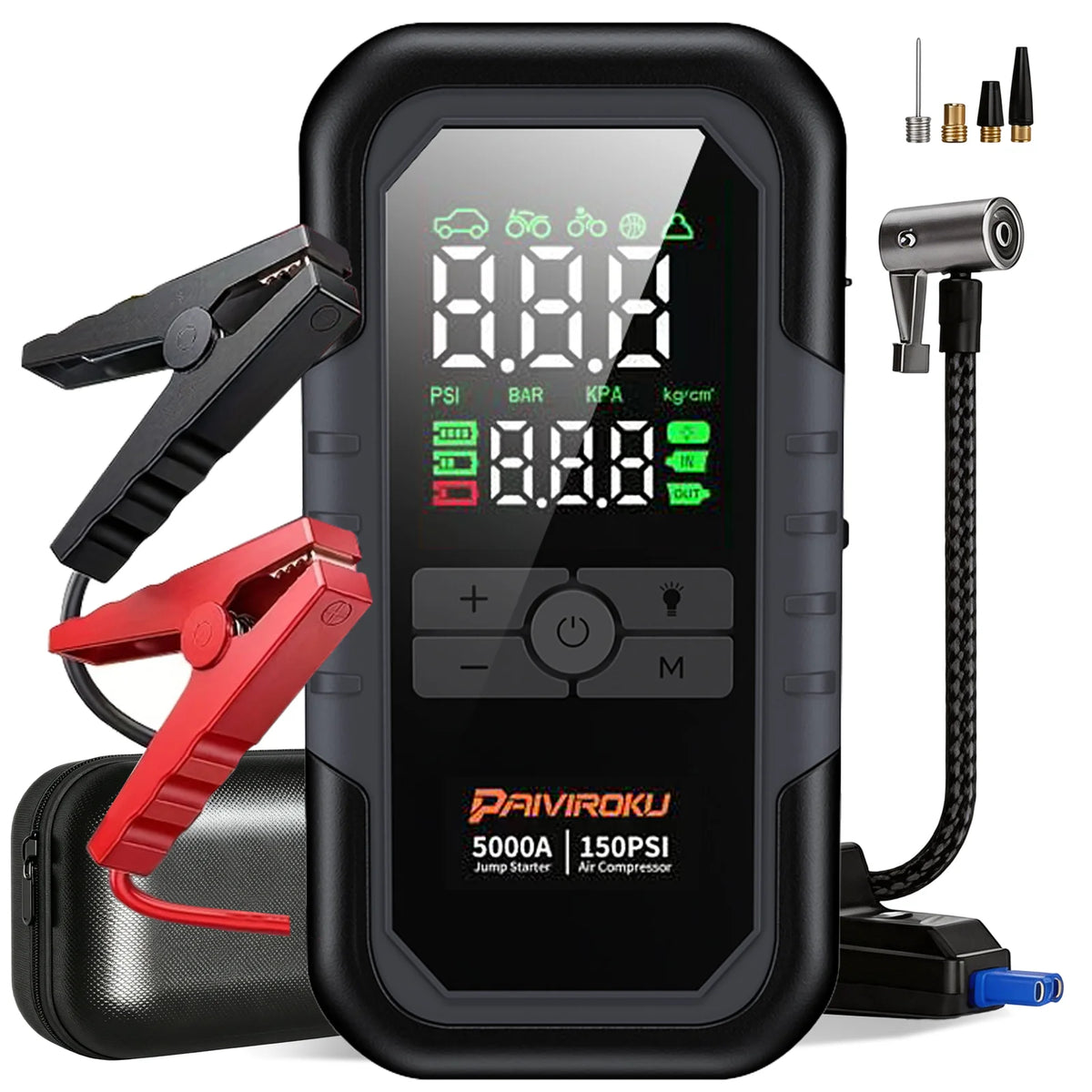 PAIVIROKU 4-IN-1 Car Jump Starter with Air Compressor 5000APeak Auto Battery Booster 150PSI Air Pump Power Bank Tire Inflator