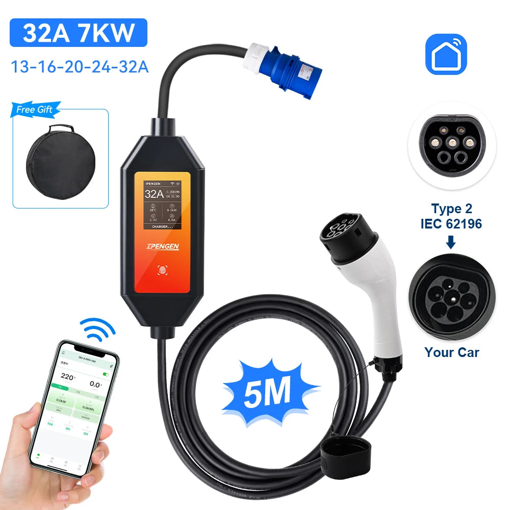 IPENGEN 32A 7KW Type2 Type1 EV Charger Portable GB/T Electric Vehicle Charger 1 Phase EVSE Charging 5M Cable WiFi APP Control