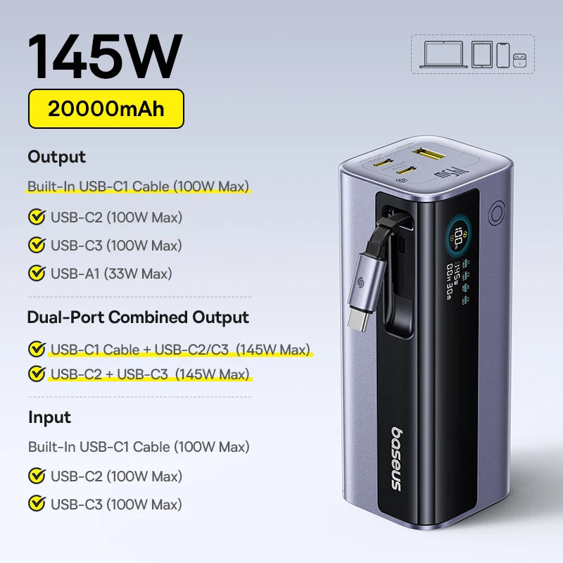 Baseus 145W Power Bank 20800mAh Dual USB A USB C PD 100W Fast Charging Digital Display Portable PowerBank for Laptop Phone Steam