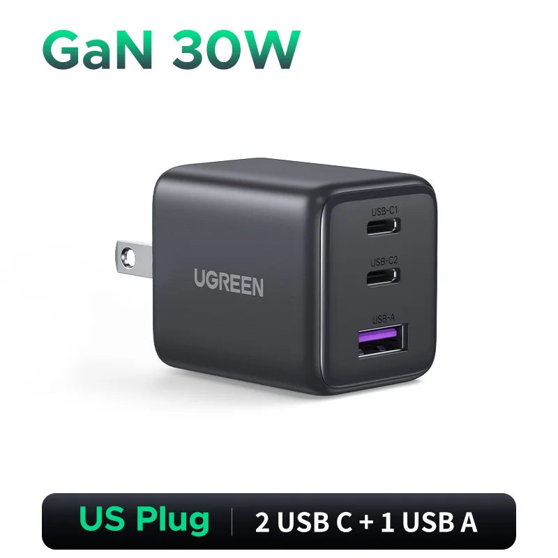 UGREEN 30W GaN Charger 3 Ports PD 3.0 USB C Charger For iPhone 17 16 15 Pro Samsung S25 Xiaomi Tablet iPad Air Pro Phone Charger