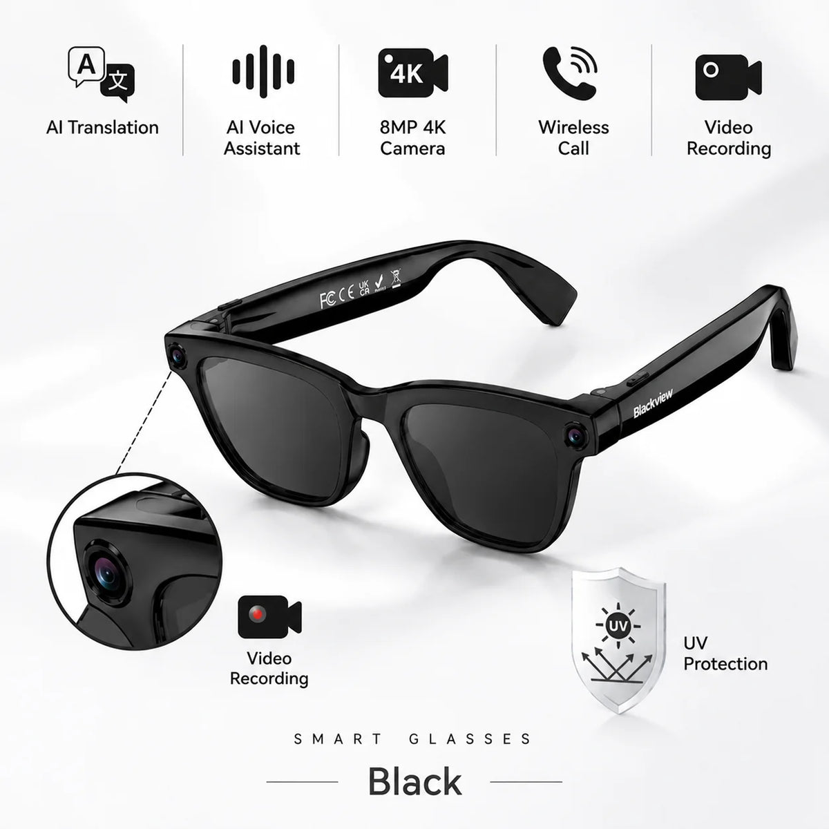 Blackview BV300 4K AI Glasses Color-Changing Smart Translation Glasses Photo Video Recording Waterproof Call Smart Sunglasses