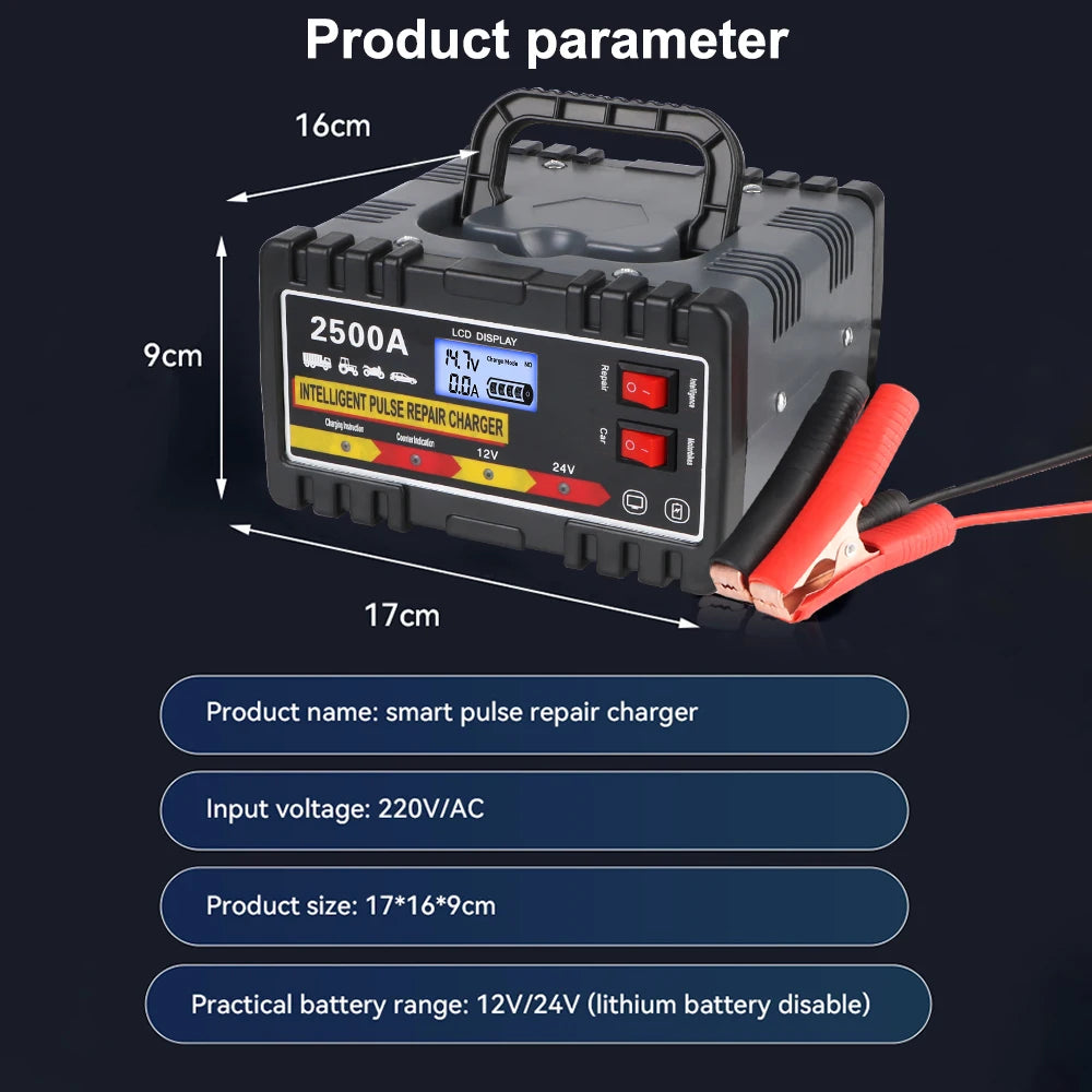 Intelligent Pulse Repair Charger Fast Charger For Car Motorcycle Lead-acid Battery Digital LCD Display 12V24V 220W EU Plug