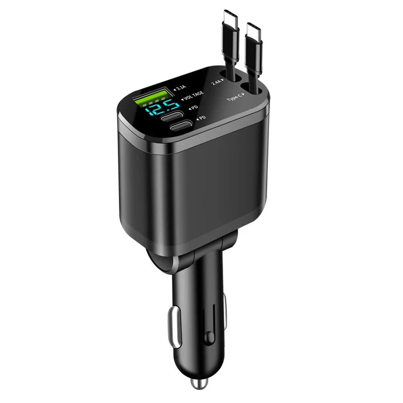 Digital display car charger with retractable cable car PD car fast charging super fast charging, flash charging, five in one cig
