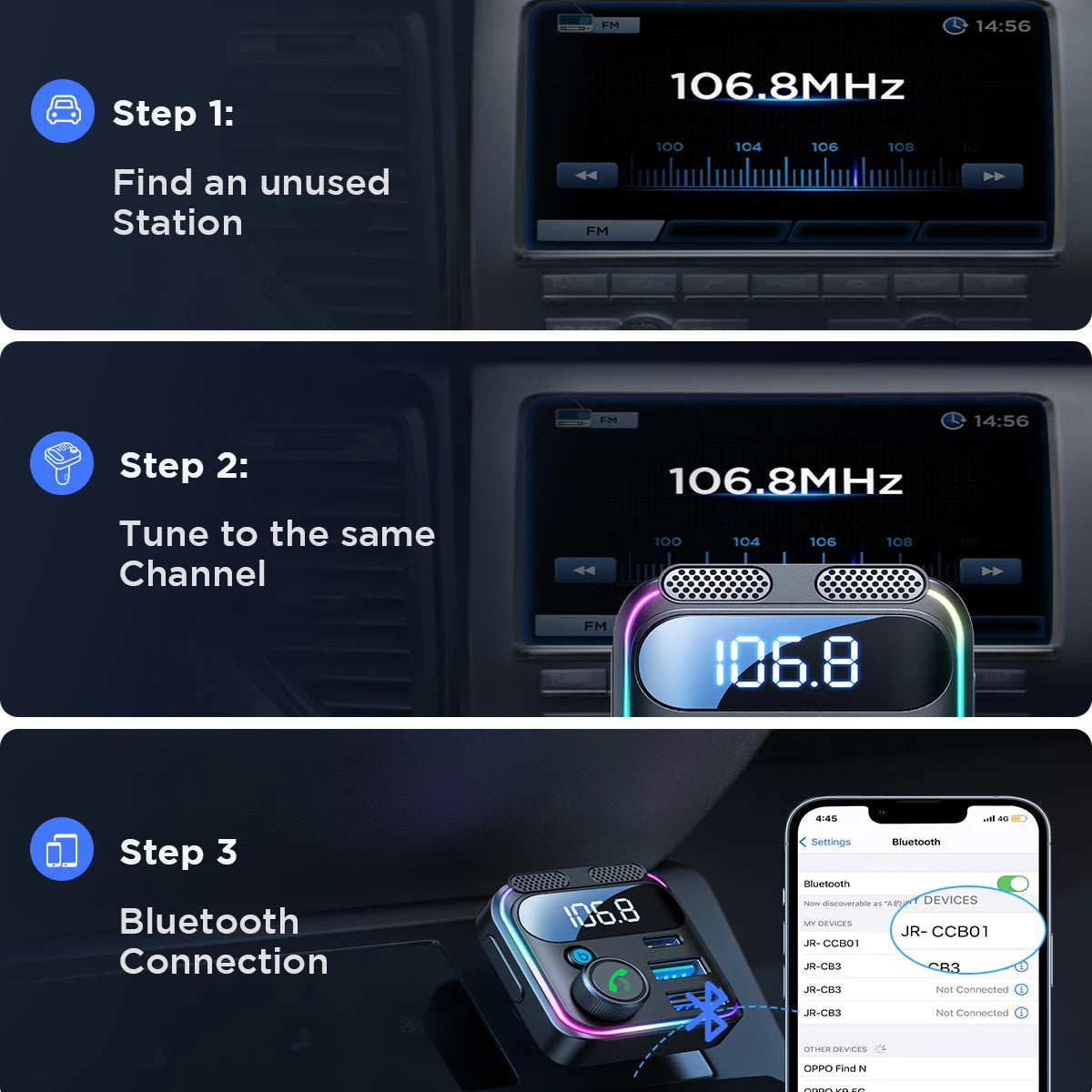 JOYROOM 2024 Bluetooth 5.3 FM Transmitter for Car 48W PD&QC3.0 Car Charger Adapter Bluetooth & U Disk,Dual Mics Hands-Free Call