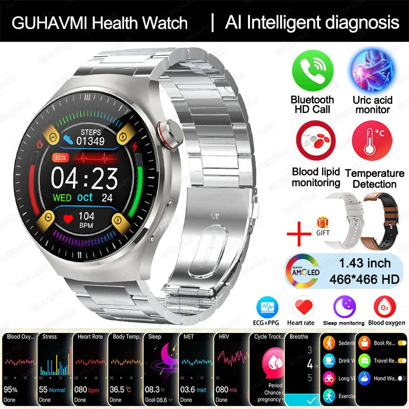 2025 New Nursing Grade Smart Watch Blood Oxygen Blood Lipid Uric Acid ECG+PPG Body Temperature Bluetooth Call Health Smartwatch