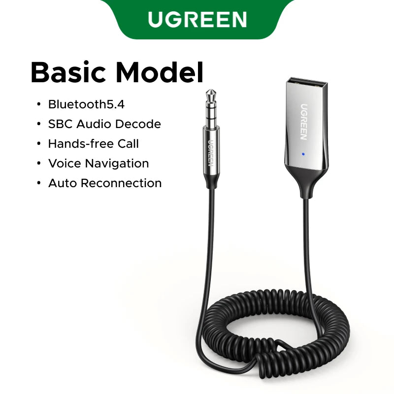 UGREEN Bluetooth 6.0 5.4 Aux Wireless Car Bluetooth USB to 3.5mm Jack Audio Mic Handsfree Adapter for Car Speaker