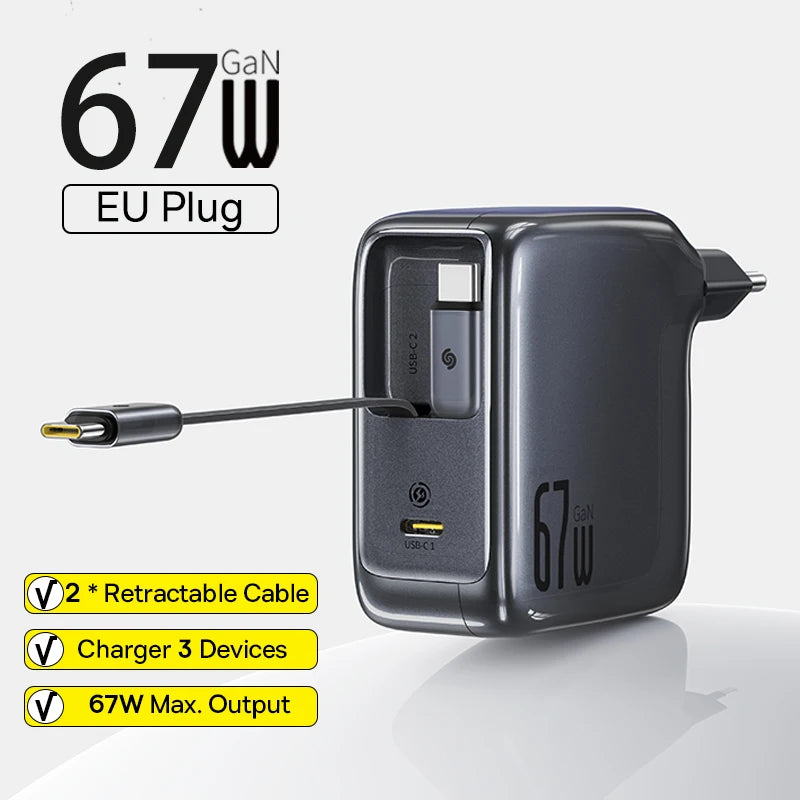 Baseus 67W GaN Charger With Dual Retractable Cable Fast Charger for iPhone Xiaomi Samsung Travel Charger Universal Phone Charger