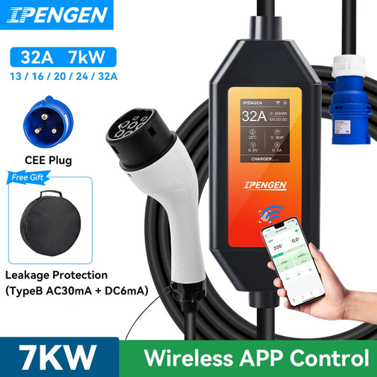 IPENGEN 32A 7KW Type2 Type1 EV Charger Portable GB/T Electric Vehicle Charger 1 Phase EVSE Charging 5M Cable WiFi APP Control