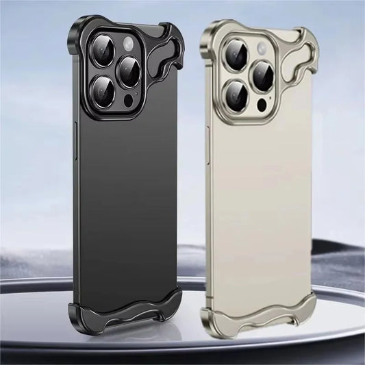 Luxury Alien Metal Borderless Phone Case For iPhone 12 13 14 15 16 17 18 Pro Max Lens Protect Shockproof Aluminum Alloy Back Cov