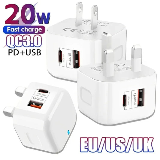 EU US UK 20W Dual Ports Type c USB C PD Wall Charger Fast Quick Charging Power Adapters For IPhone 11 12 13 14 15 Samsung