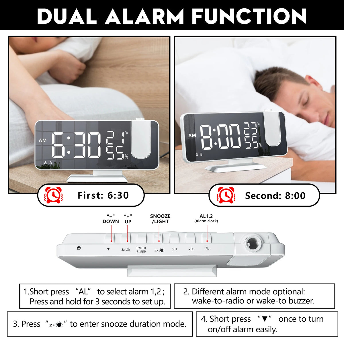 High Quality Alarm Clock Radio HD Projection Large LED Display Digital Smart Table Clock Ceiling Dimming for Bedroom Accessories