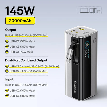 Baseus 145W Power Bank 20800mAh Dual USB A USB C PD 100W Fast Charging Digital Display Portable PowerBank for Laptop Phone Steam