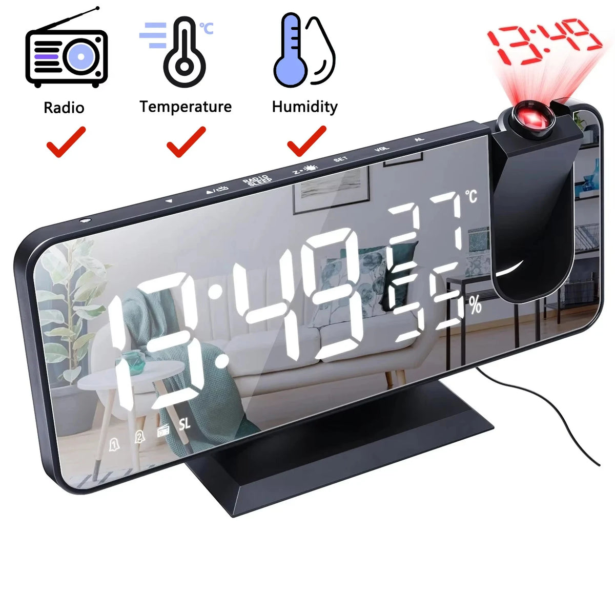 High Quality Alarm Clock Radio HD Projection Large LED Display Digital Smart Table Clock Ceiling Dimming for Bedroom Accessories