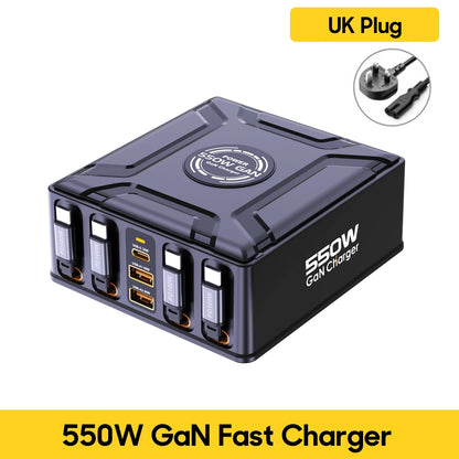 550W 7-in-1 Charging Station with 100W Retractable USB C Cable GaN Fast Charger for MacBook Pro iPhone 17 Samsung Laptop Tablet