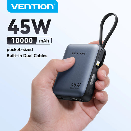 Vention 45W 10000mAh Power Bank Built-In USB-C Cable Portable Powerbank for iPhone 17 Samsung S26 Pocket-Sized Auxiliary Battery