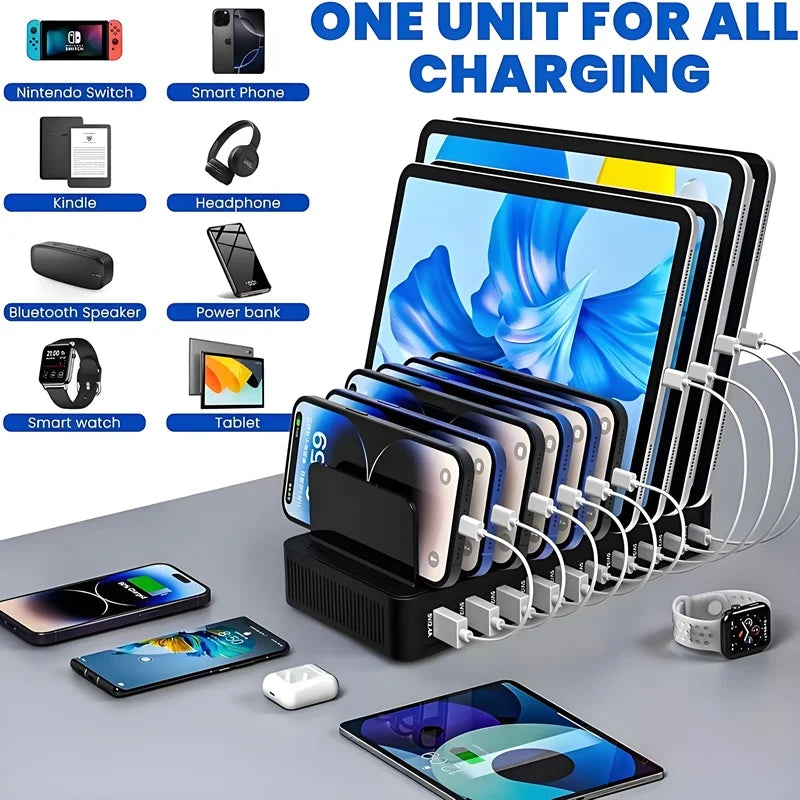 100W Multi-Functional Charger with 5 USB and 5 Type-C Ports Built-in Stand Compatible with Phone Tablet for Home Office Travel