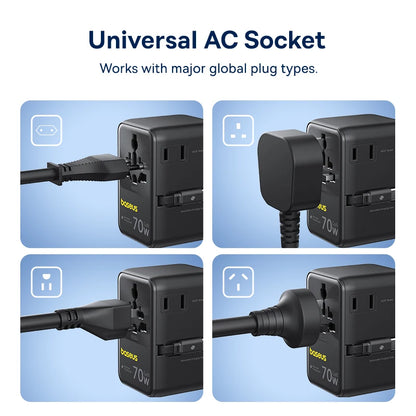 Baseus GaN Charger Universal Travel Adapter Built in 70W Retractable Cable 2AC 2 USB-A Type-C Fast Charging EU/UK/USA/AUS