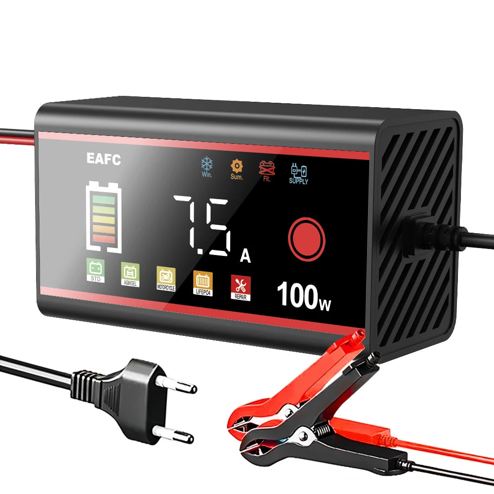 EAFC 12V 15A 8A Car Smart Battery Charger 200W/100W Large LED Display Battery Pulse Use For Calcium, GEL, AGM, Wet, EFB, LIFEPO4