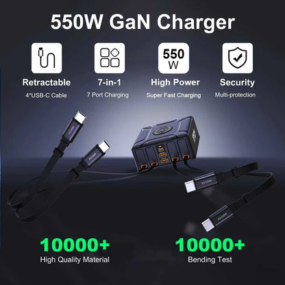 550W 7-in-1 Charging Station with 100W Retractable USB C Cable GaN Fast Charger for MacBook Pro iPhone 17 Samsung Laptop Tablet