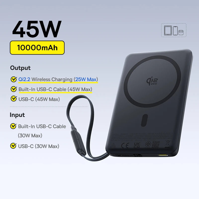 Baseus Qi2 Magnetic Power Bank 10000mah 15W Wireless Charging 22.5W Wired Charge Qi2-Certified for iPhone 16 15 14 13 12 Pro Max