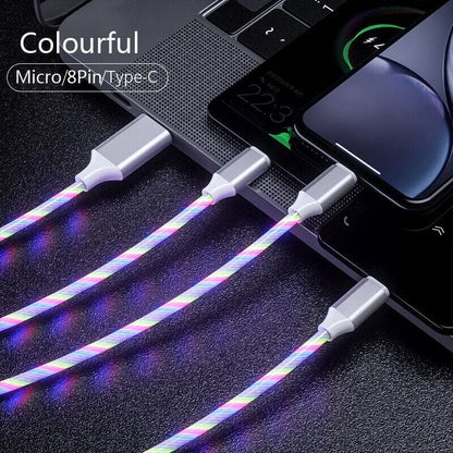 Light Emitting Cable, Mobile Phone Charging Cable, Fast Charging Data Cable, Light Emitting, Suitable for iPhone Micro USB Type C Charger Cable, Three in One LED Fast Charging Cable