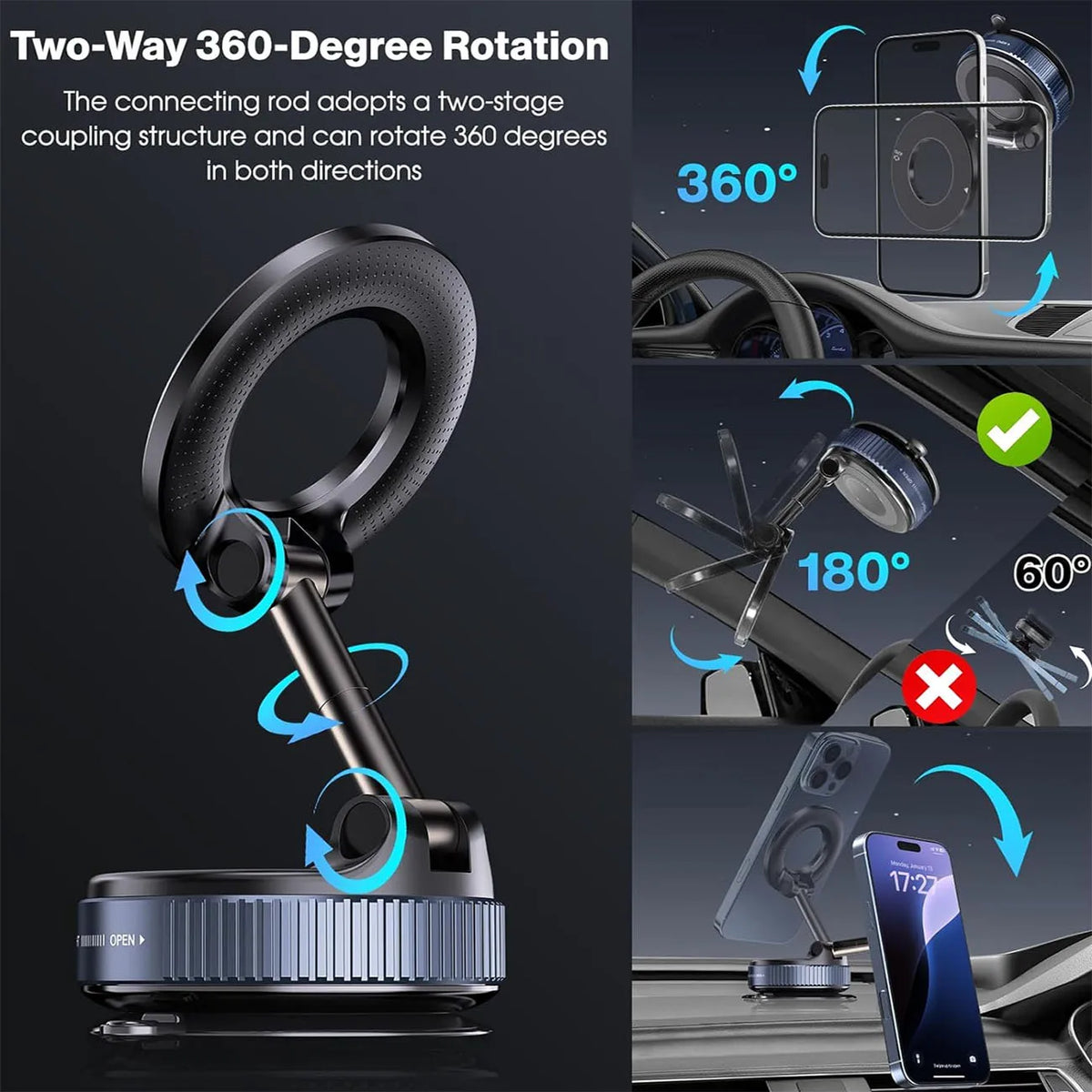 Upgraded Foldable Magnetic Car Phone Holder – N52 Magnet for Ultra-Strong Hold, 360° Rotatable, Dashboard Suction Cup, ABS