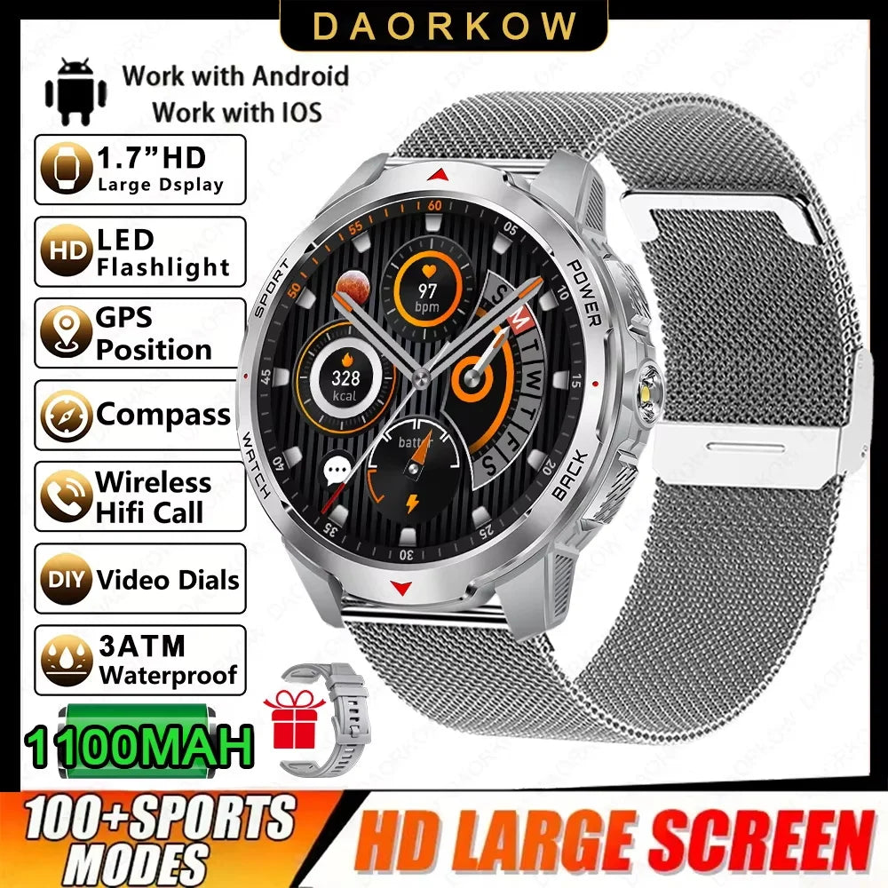 2026 NEW Smartwatch Men Compass 1100mAh Large Battery LED Flashlight 3ATM Waterproof Bluetooth Call Heart Rate Sports Smartwatch