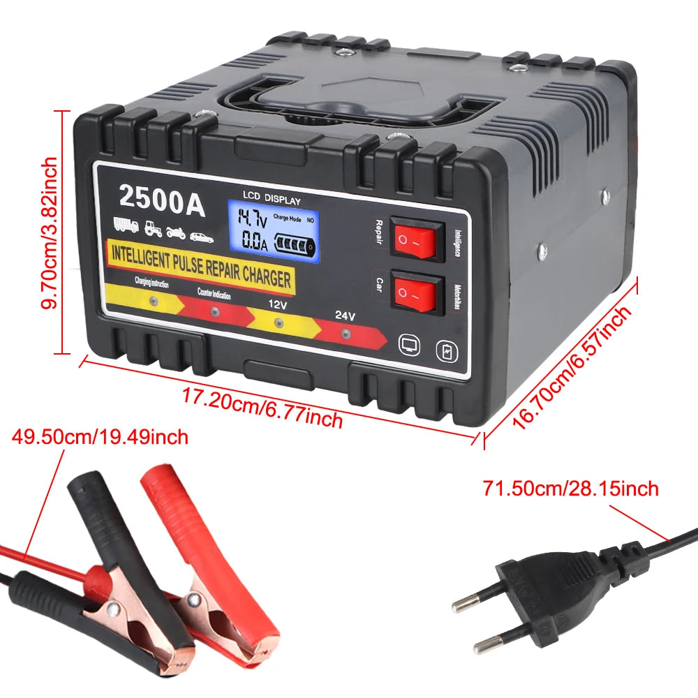 Intelligent Pulse Repair Charger Fast Charger For Car Motorcycle Lead-acid Battery Digital LCD Display 12V24V 220W EU Plug