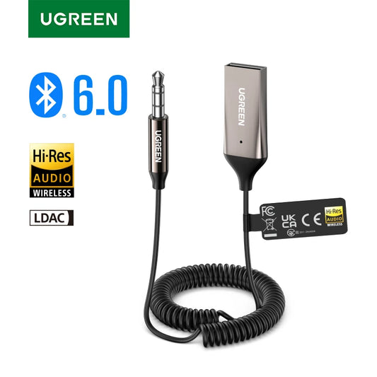 UGREEN Bluetooth 6.0 5.4 Handsfree Adapter Bluetooth 3.5mm AUX Music Navigation Streaming Microphone for Calls Car