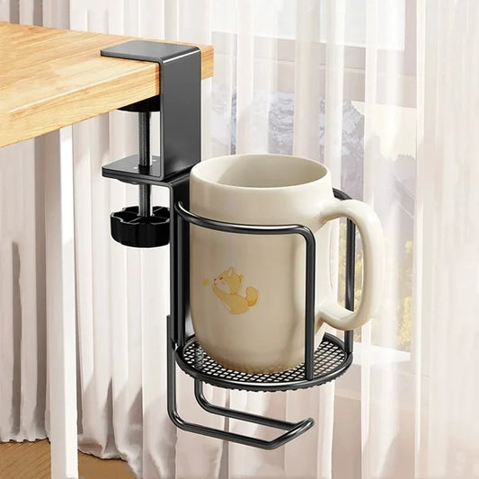 Fixed/Rotating Cup Holder, Drill-Free Arm Clamp Mount for Desk Table Edge, Anti-Spill & Anti-Fall Secure Holder