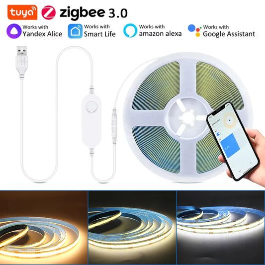5V USB Zigbee Tuya Wifi LED Strip Set Zigbee3.0 Controller 320LEDs/M COB LED Strip Light Smart Life APP Control for Alexa Google