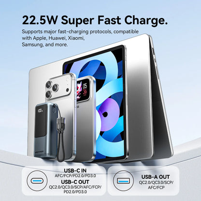 Vention 10000mAh Mini Power Bank 22.5w Portable Charger Built-in USB C Cable PD 3.0 Fast Charging for iPhone 17 Samsung S25 S24
