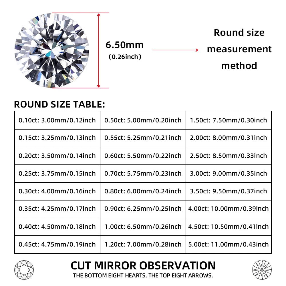1 round moissanite cut with 8 hearts and 8 arrows, D color, VVS1 clarity, 0.1 carat-5 carat, suitable for making inlaid pendant