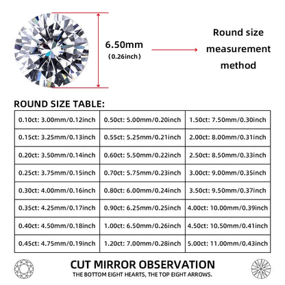 1 round moissanite cut with 8 hearts and 8 arrows, D color, VVS1 clarity, 0.1 carat-5 carat, suitable for making inlaid pendant