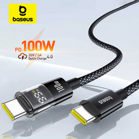 Baseus USB C Cable 100W For iPhone 17 16 15 Pro Max LED Dispaly USB Cable Type C for Macbook Pro Fast Charge Wire for Xiaomi