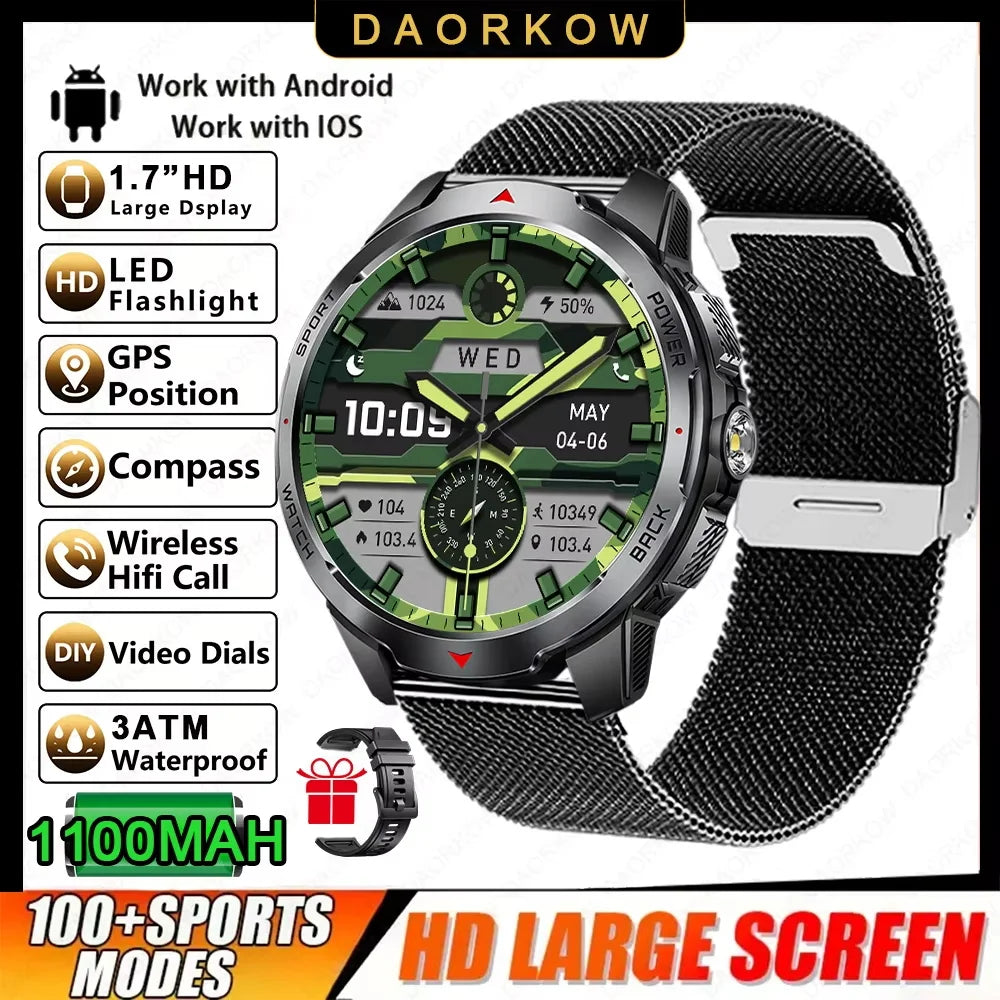 2026 NEW Smartwatch Men Compass 1100mAh Large Battery LED Flashlight 3ATM Waterproof Bluetooth Call Heart Rate Sports Smartwatch