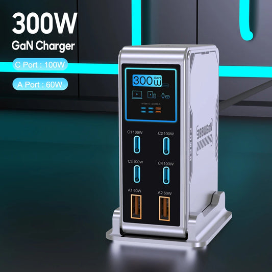 300W USB C Charger,6 Ports USB Charging Station,GaN 100W PD Laptop Fast Charger Adapter Desktop Charger Station with LCD Display for MacBook iPad iPhone Samsung