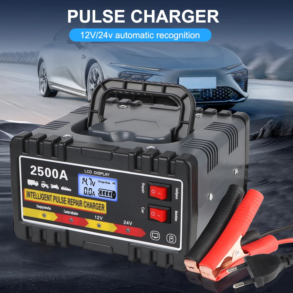 Intelligent Pulse Repair Charger Fast Charger For Car Motorcycle Lead-acid Battery Digital LCD Display 12V24V 220W EU Plug