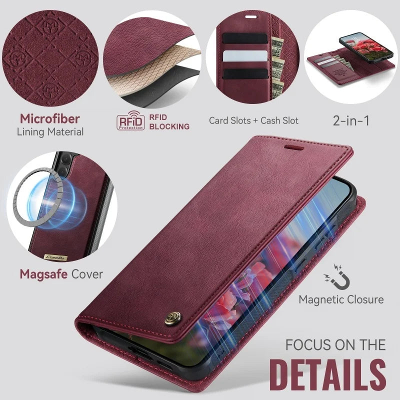 Magnetic Wireless Charging Leather Wallet Phone Case for Samsung Galaxy S26 Plus S25 FE S24 Ultra S23 S22 S21 A57 A17 Flip Cover