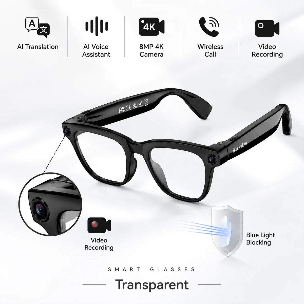 Blackview BV300 4K AI Glasses Color-Changing Smart Translation Glasses Photo Video Recording Waterproof Call Smart Sunglasses