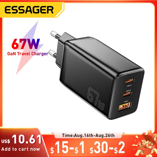Essager 67W GaN USB-C Charger PD 3.0 QC 3.0 Fast Charge for iPhone 16 15 Pro Max Xiaomi Samsung Huawei Mate 70  Laptops Chargers