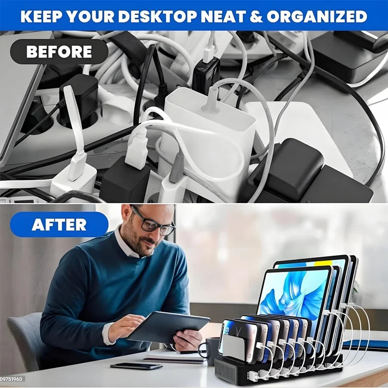 100W Multi-Functional Charger with 5 USB and 5 Type-C Ports Built-in Stand Compatible with Phone Tablet for Home Office Travel