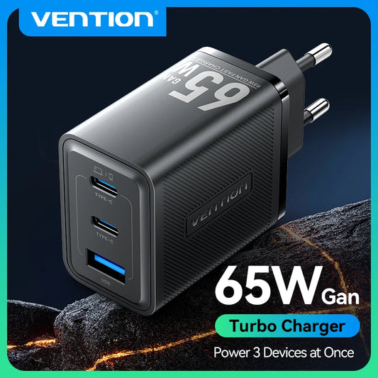 Vention 65W GaN Charger Quick Charge 4.0 3.0 Type C PD USB Charger Portable QC4.0 3.0 Fast Charger For Laptop IPhone 16 15 14 13